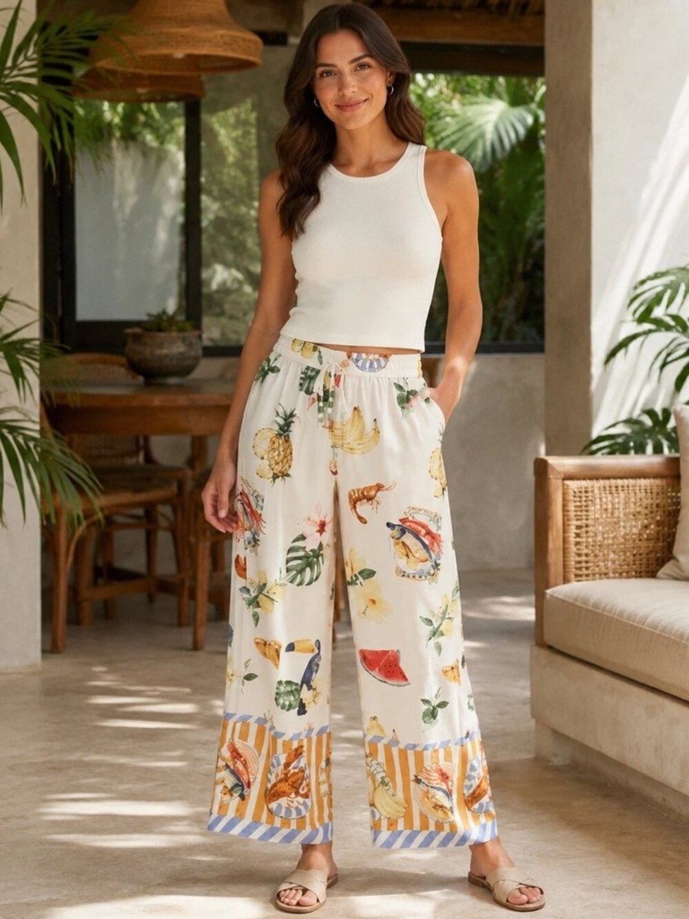 NWT Bailey 44 Wide-Leg Off-white Tropical Print Satin Pants Size XS